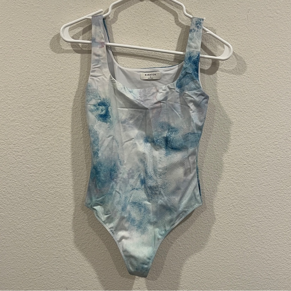 Aritzia Babaton white blue and purplish water color tank top bodysuit size small